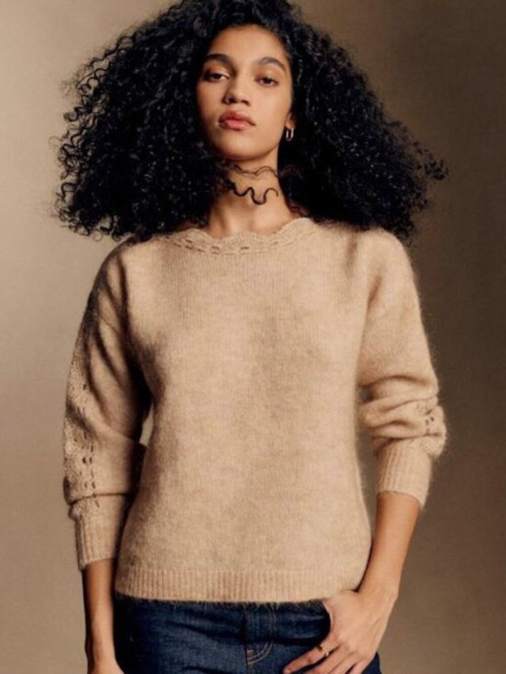 EUC Sezane Stacy Mohair Wool Crochet Detail Sweater Light Beige XL
